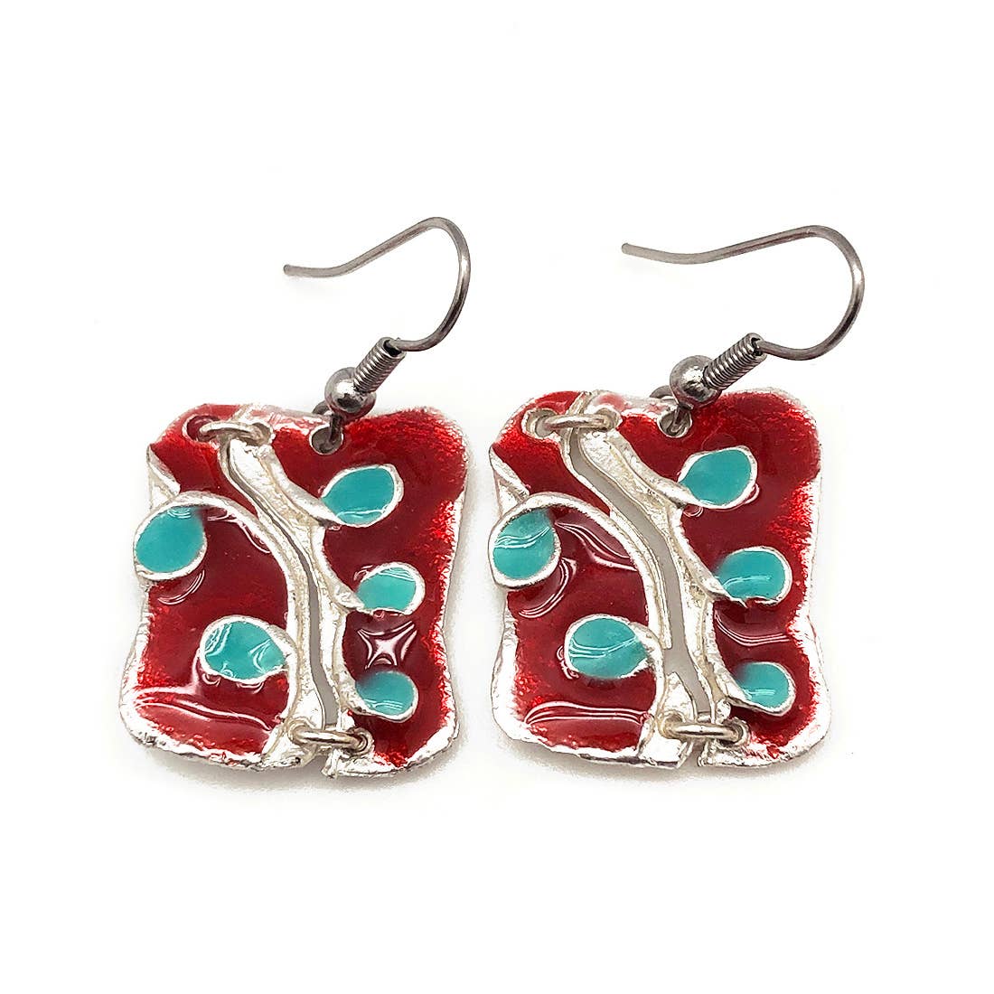 Pewter Earrings with Color Enamel - Red/Aqua