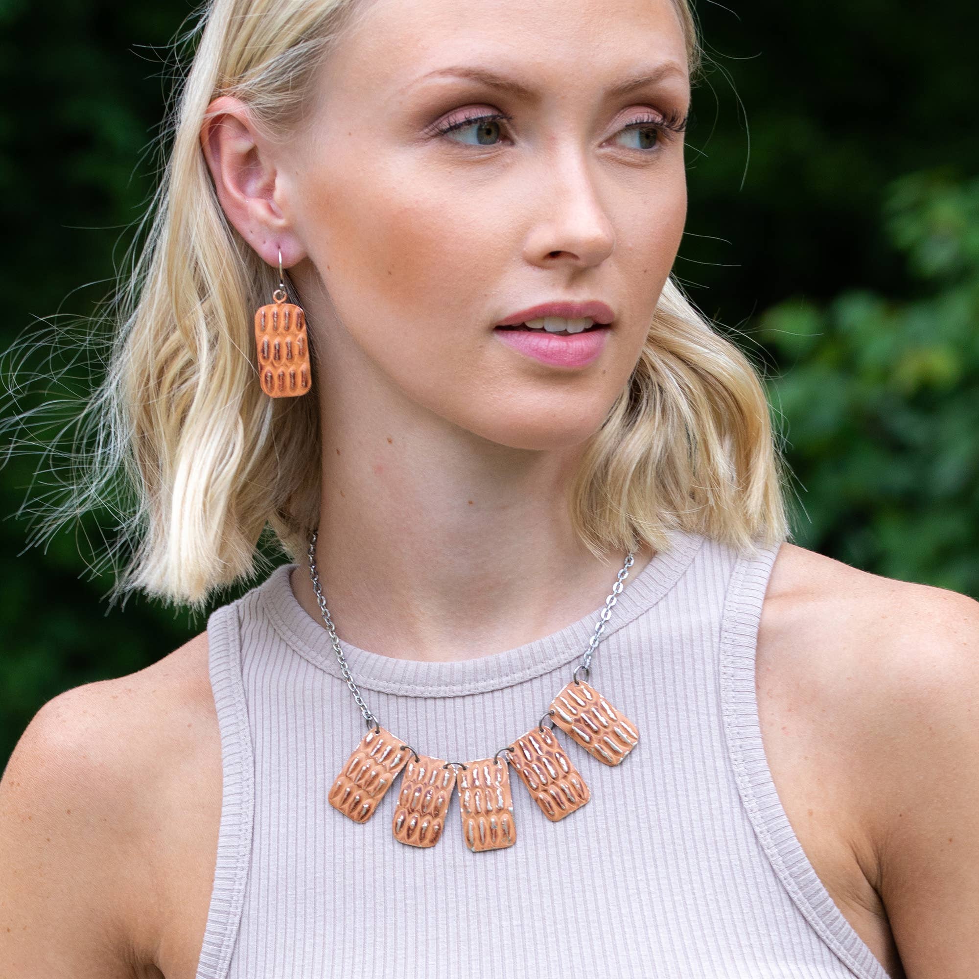 Silver Patina Necklace - Five Rust Rectangles