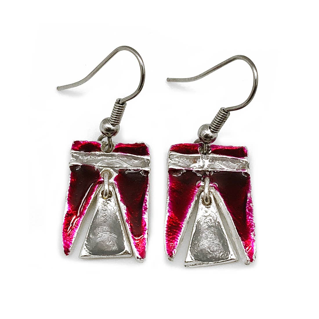 Pewter Earrings with Color Enamel - Raspberry/Grey