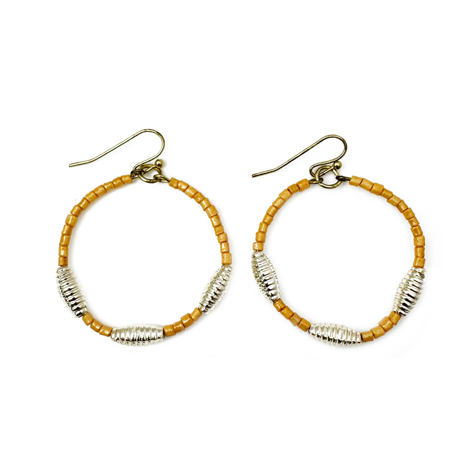 Seed Bead Hoop Earrings - Tan