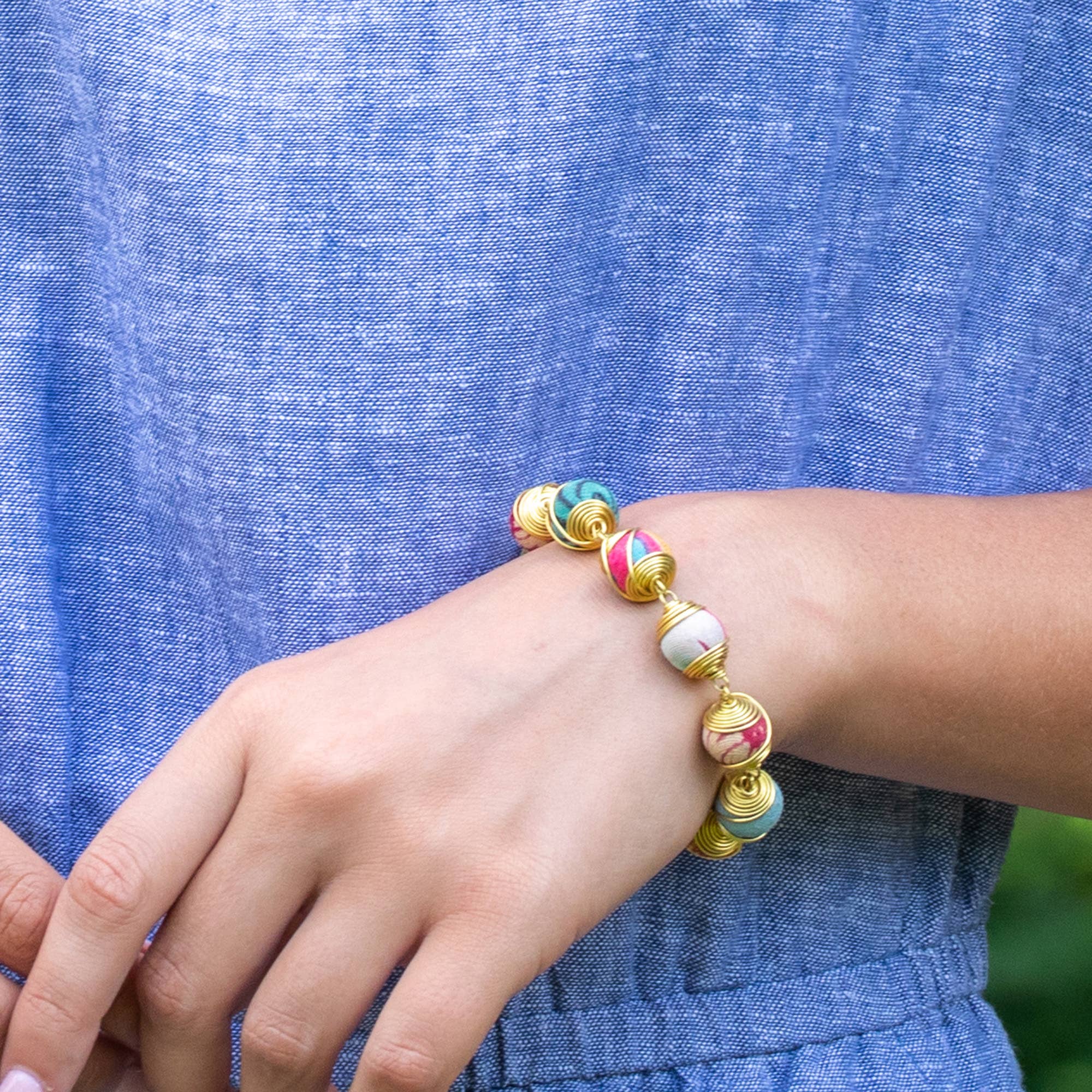 Aasha Brass Wire Wrapped Circle Station Beaded Bracelet
