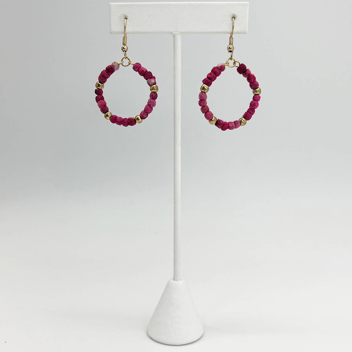 Aasha Blush Small Bead Hoop Kantha Handcrafted Earrings