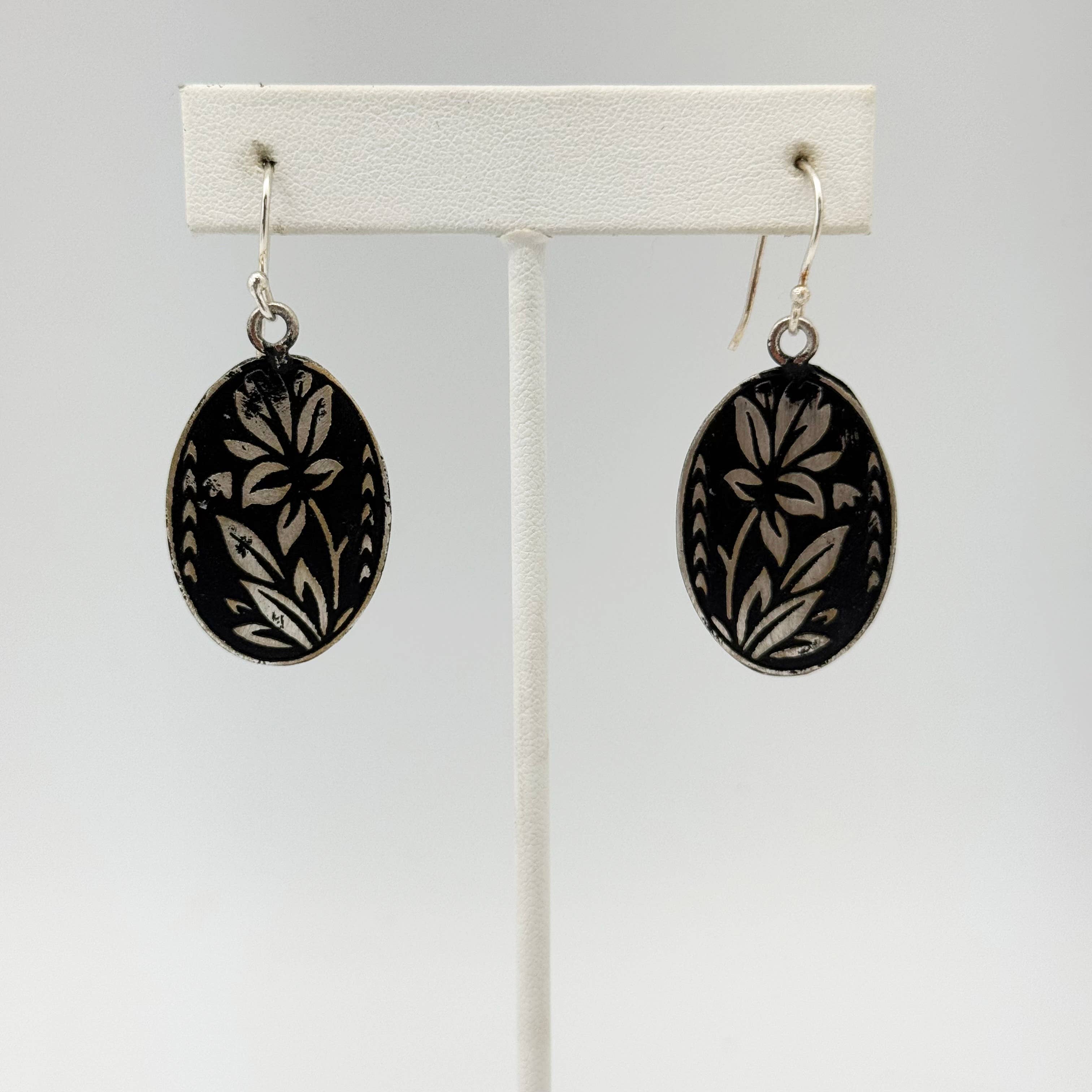 Handcrafted Silver Patina Black Floral Earrings