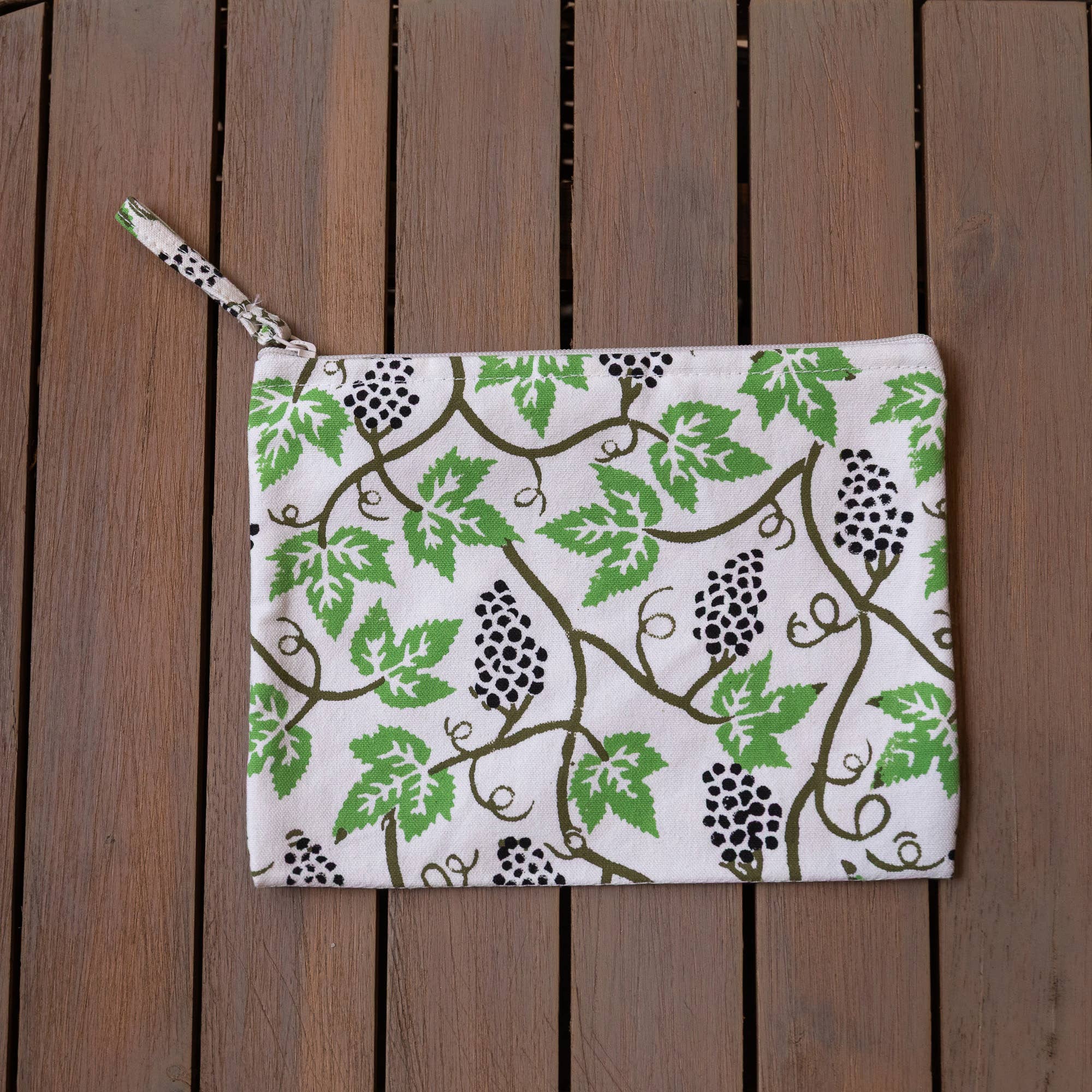 Handcrafted Canvas Pouch with Block-Printed Grape Vine