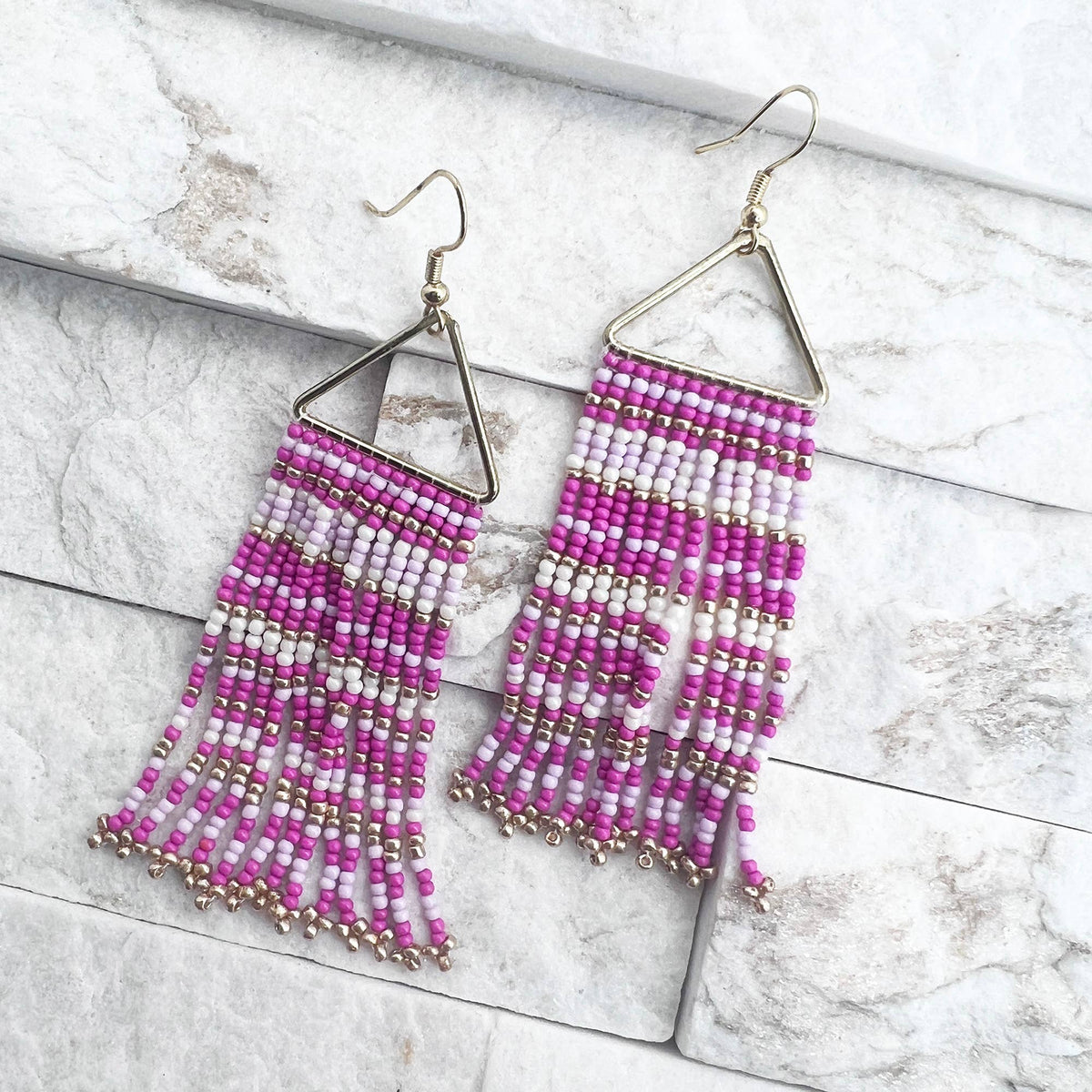 Seed Bead Color Waterfall Earrings - Pink