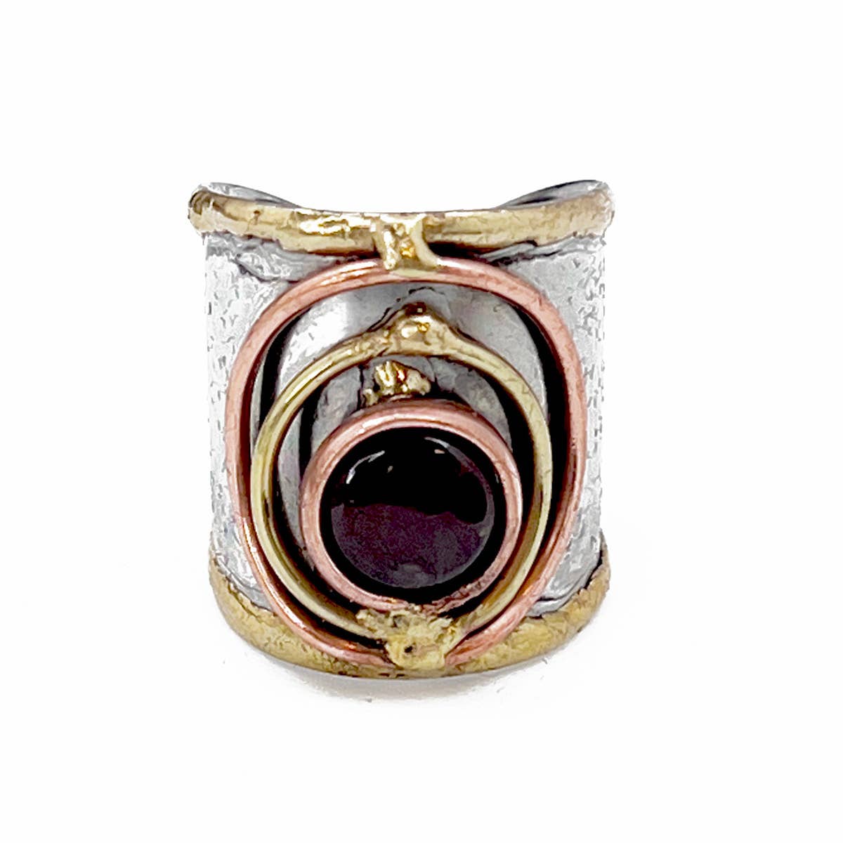 Mixed Metal Cuff Ring with Single Stone - Garnet