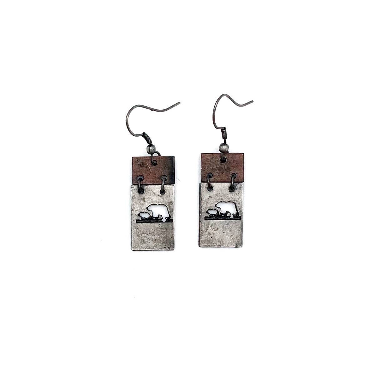 Pewter Earrings - Mama Bear and Bear Cub in Rectangle