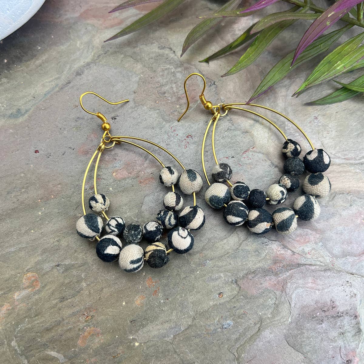 Aasha Monochrome Teardrop Kantha Boho Handcrafted Earrings