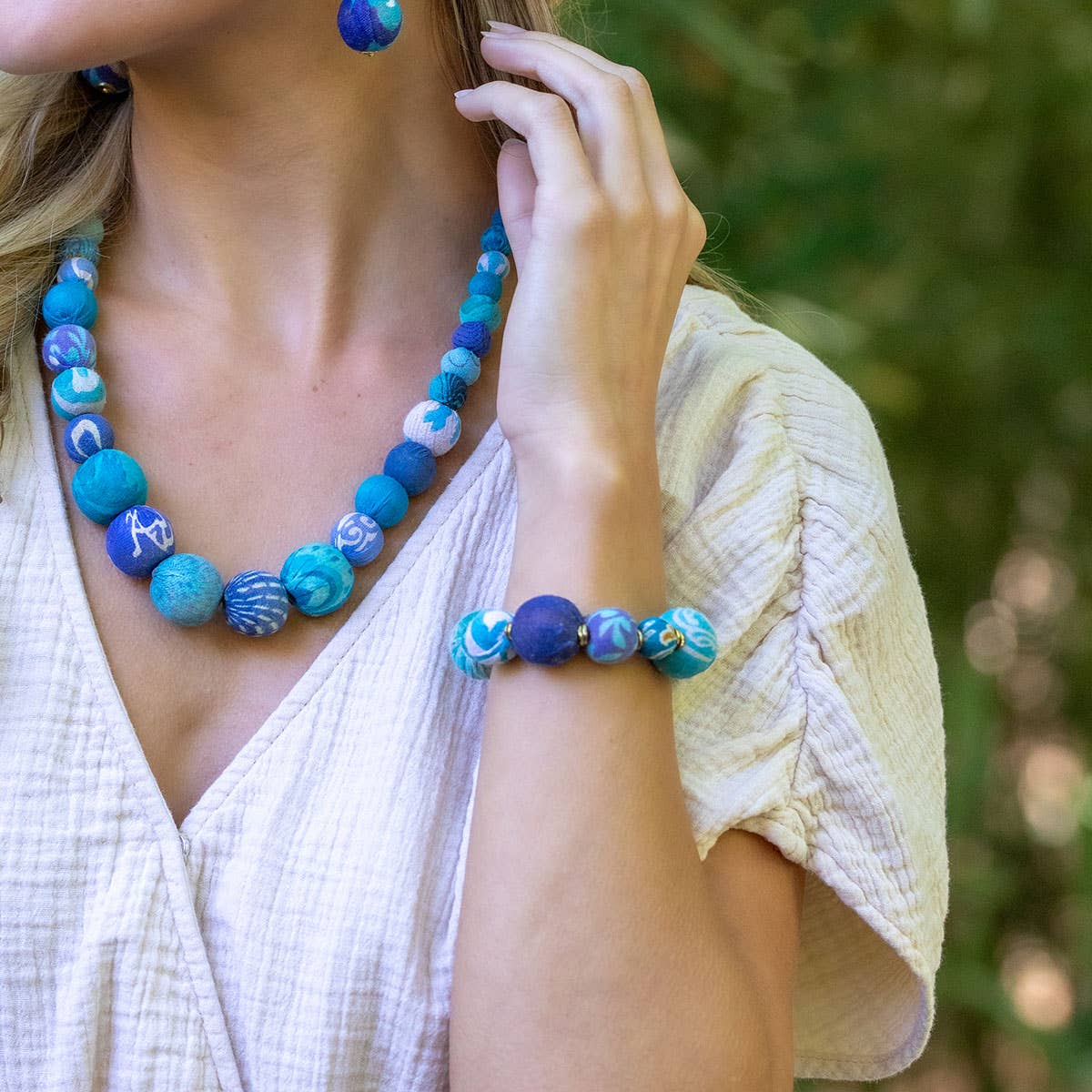 Aasha Bold Aqua Stretch Kantha Handcrafted Bracelet