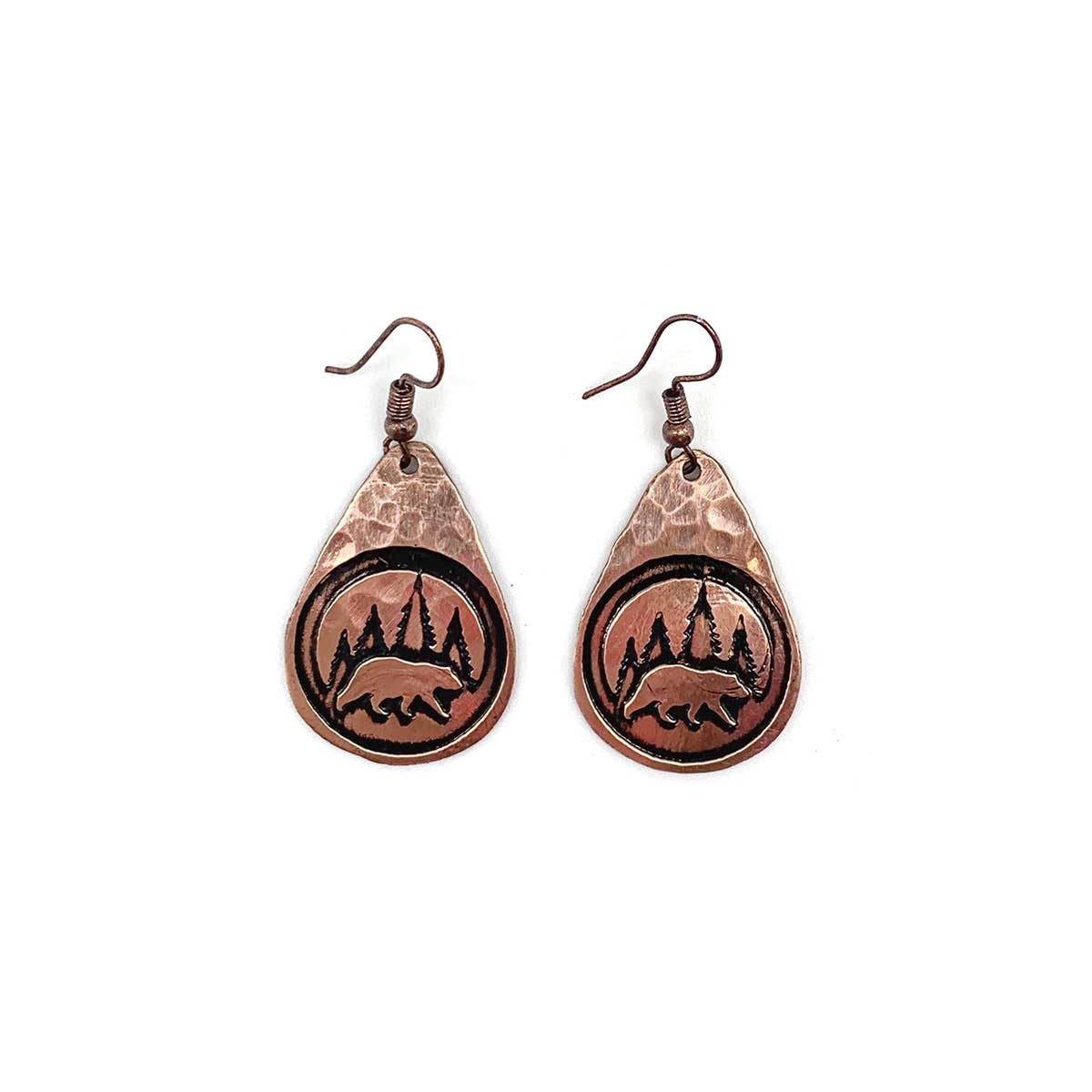 Bear with Pine Trees in Circle Copper Engraved Earrings