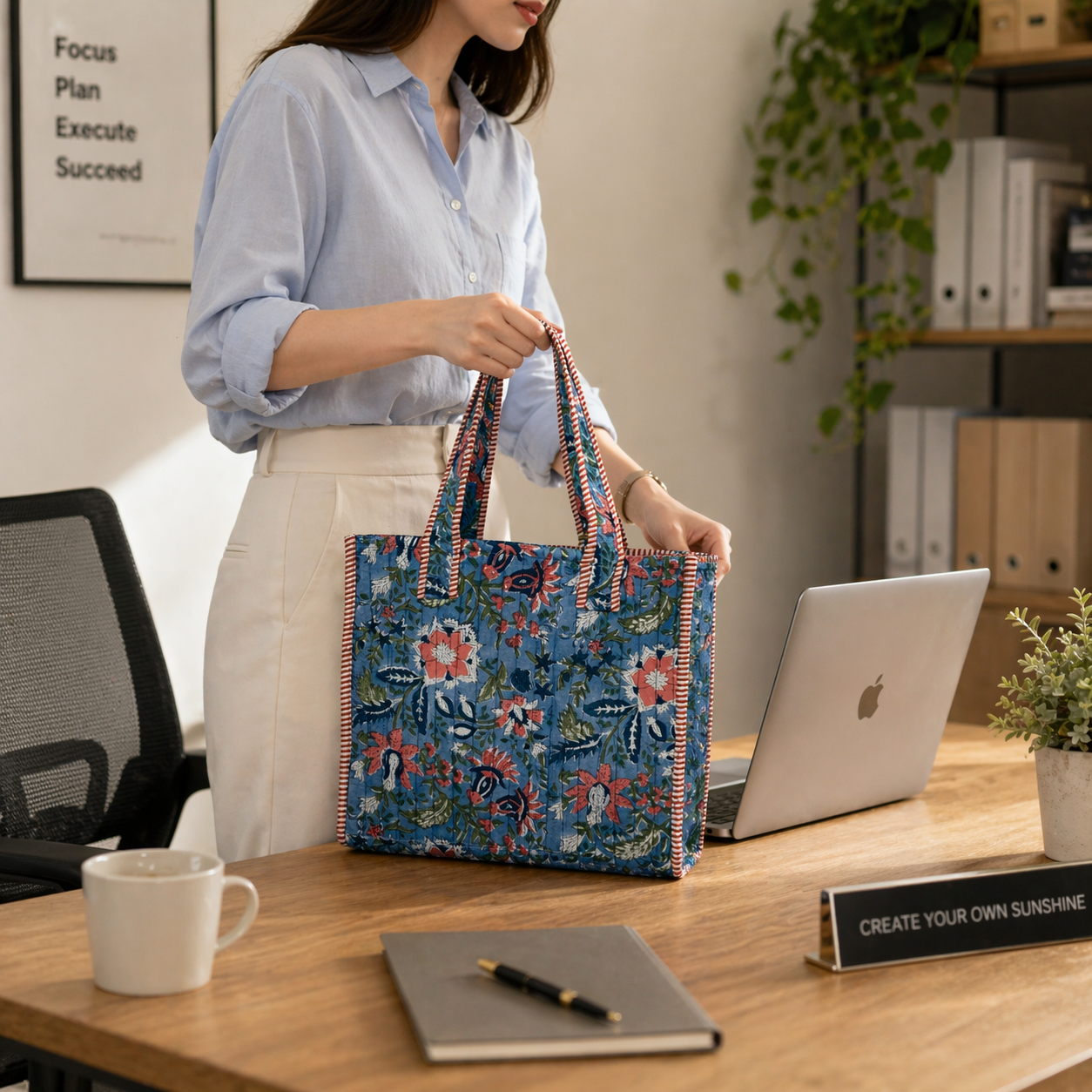 Peach Wildflowers Block-Printed Quilted Mini Tote