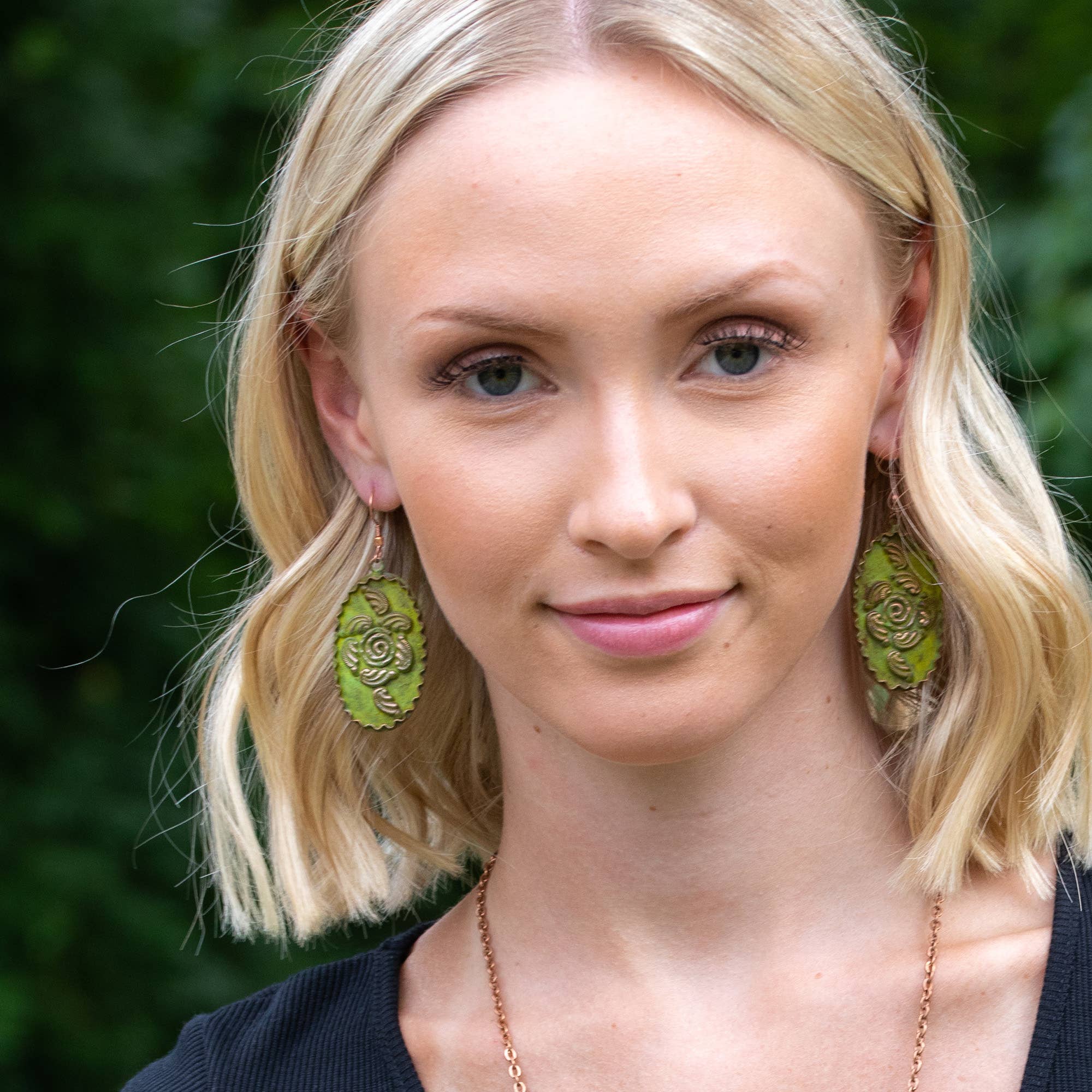 Copper Patina Earrings - Filigree with Spiral Green Ovals