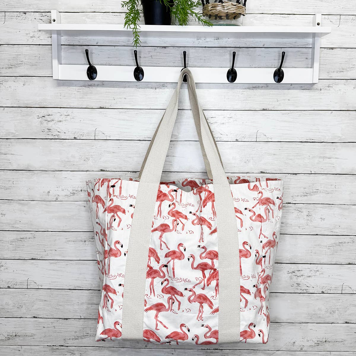 Handcrafted Canvas Bag with Block-Printed  Pink Flamingo