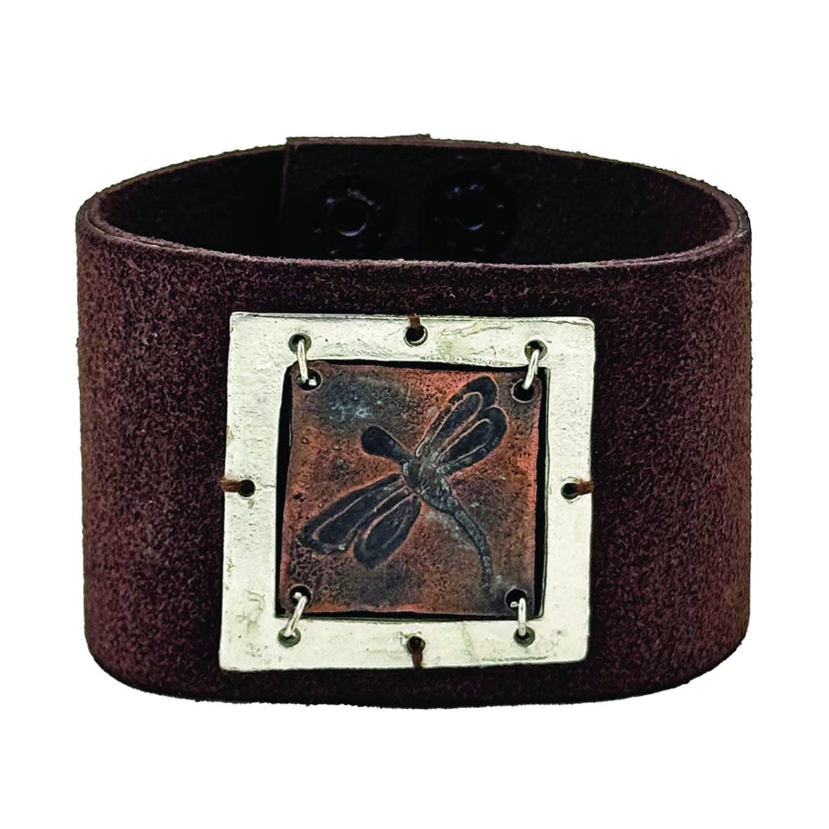 Handcrafted Dragonfly Leather Cuff – Pewter & Copper Tone