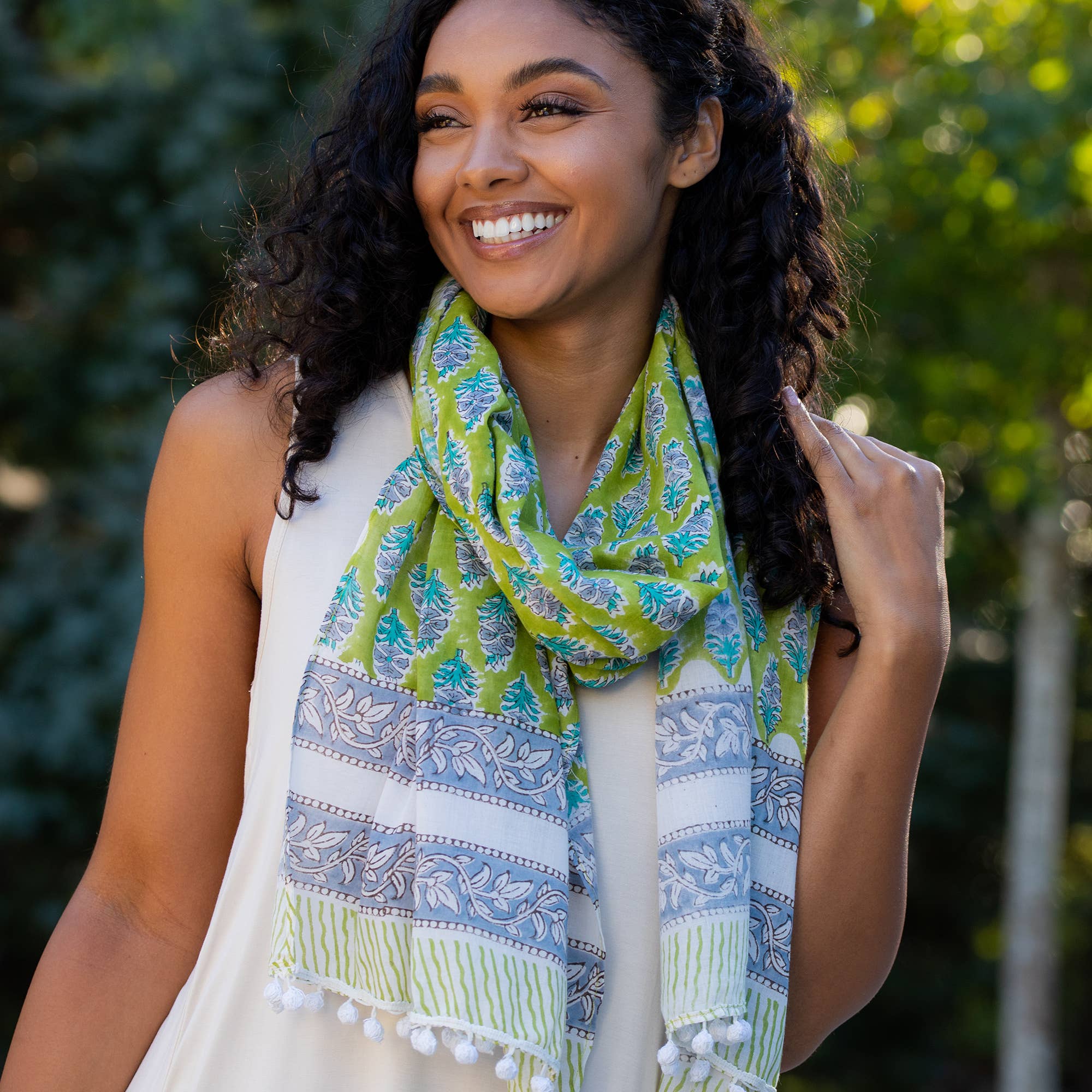 Block Printed Cotton Scarf - Chartreuse Floral Print