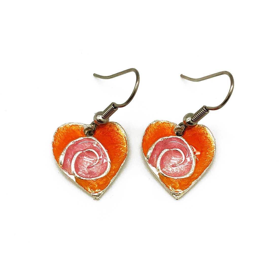 Pewter Earrings with Color Enamel - Orange/Pink Heart