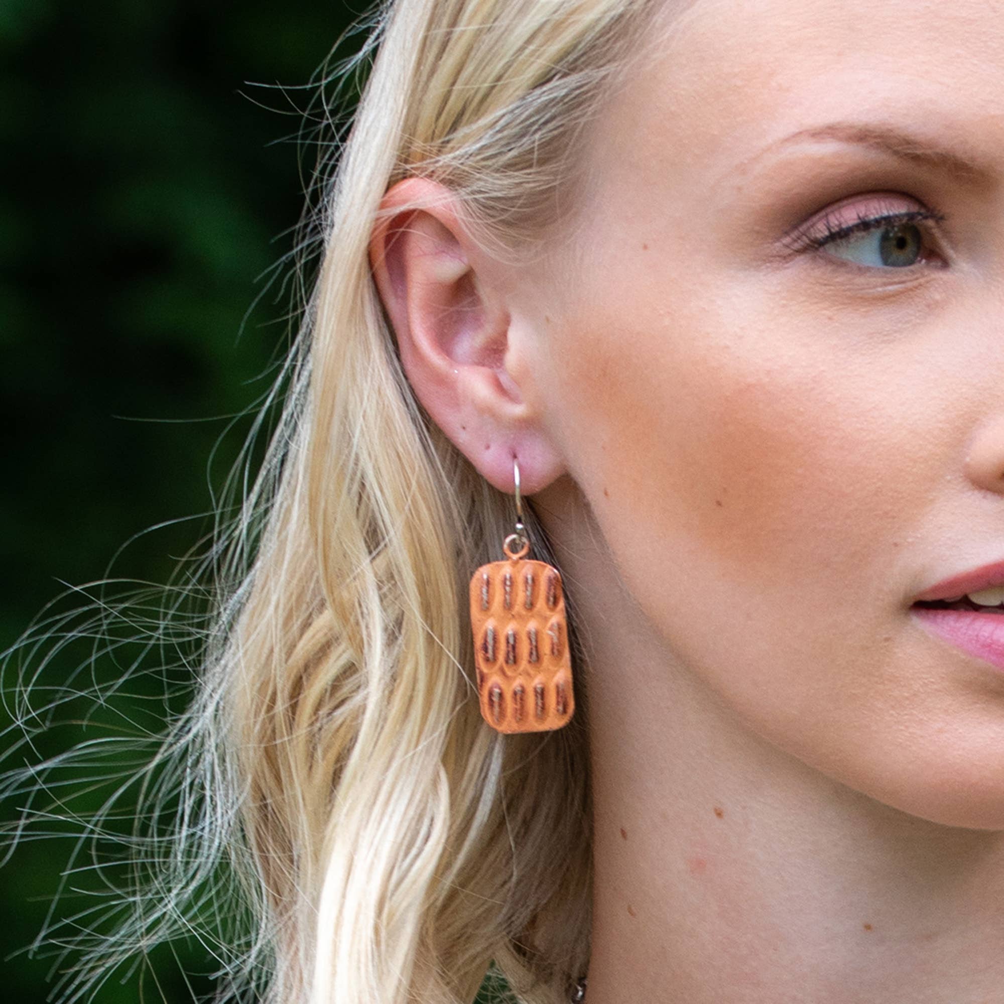 Silver Patina Earrings - Rust Feather Rectangle