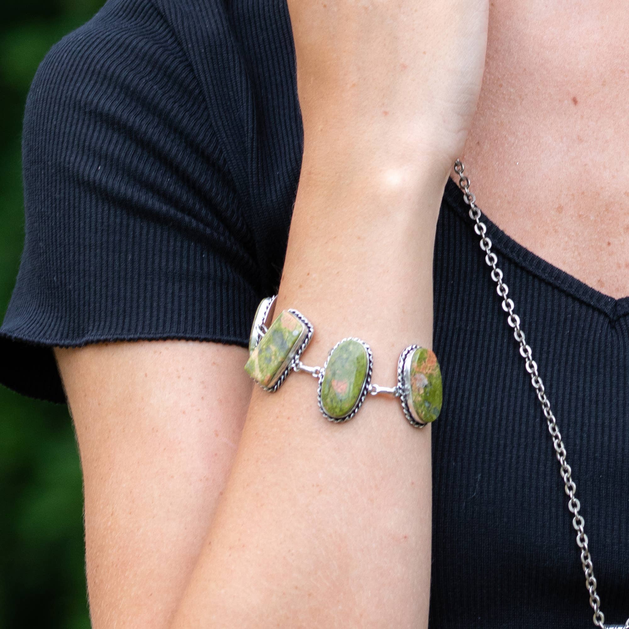 Handcrafted Semiprecious Stone Link Bracelet - Unakite