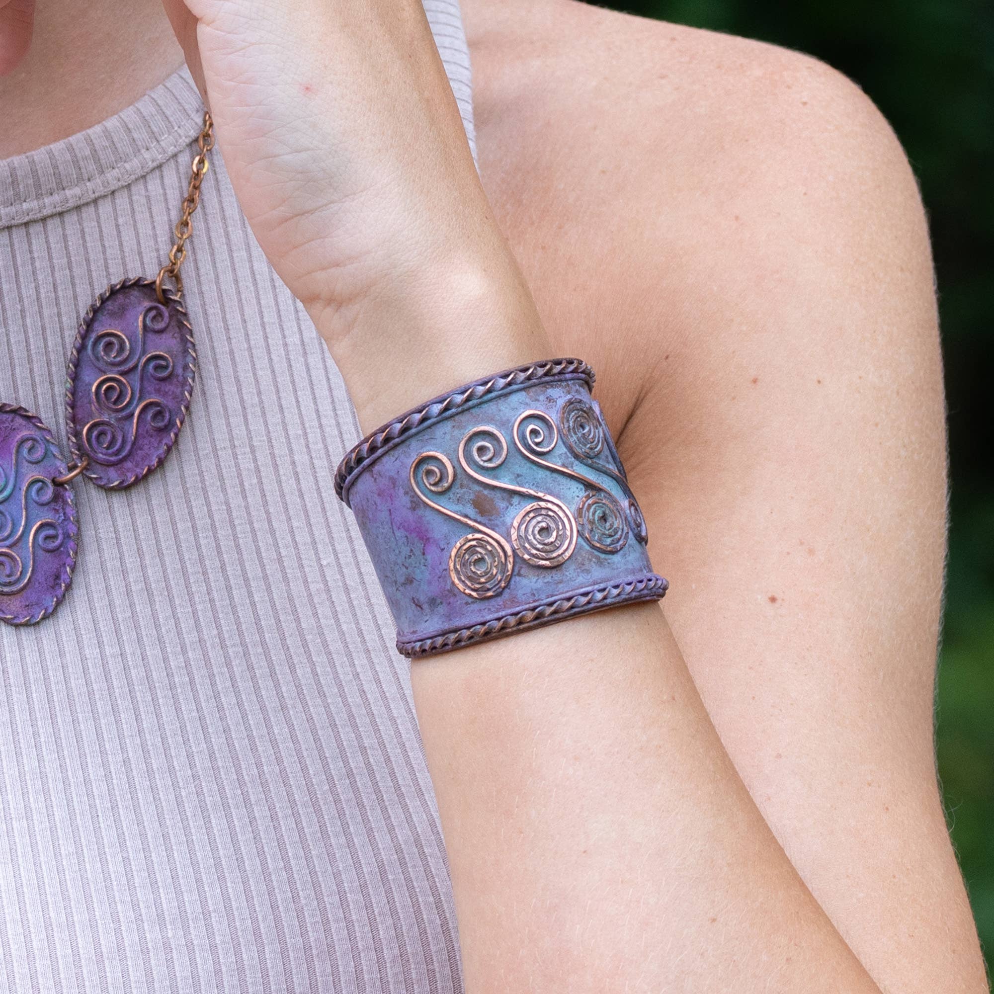 Lilac Purple Row of Double Spirals Copper Patina Cuff