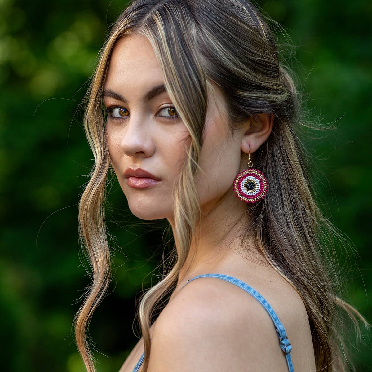 Seed Bead Color Circle Earrings - Magenta