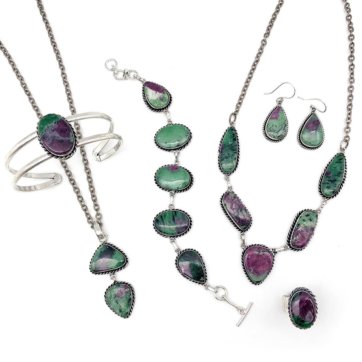 Handcrafted Semiprecious Stone Link Bracelet - Ruby Zoisite