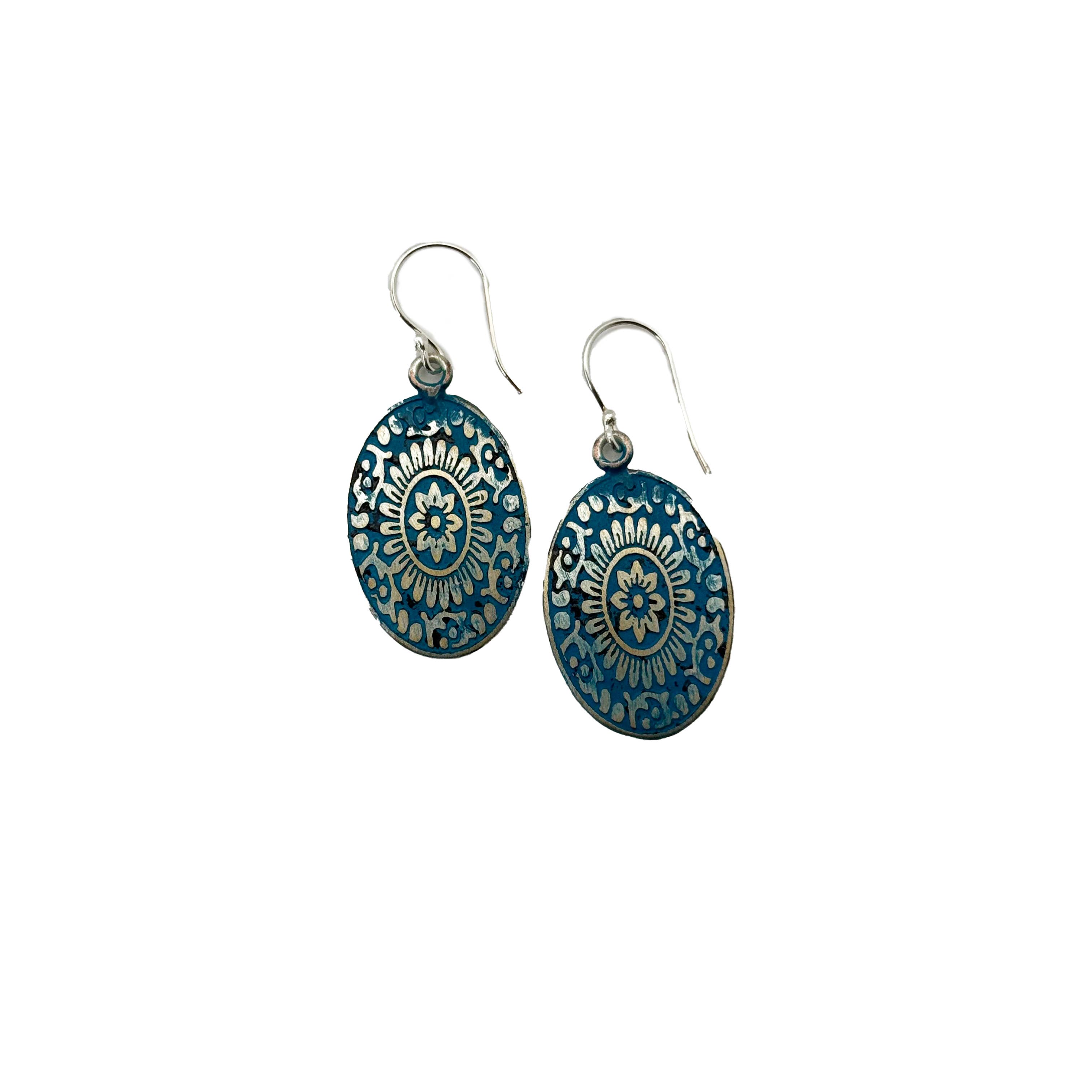 Handcrafted Silver Patina Blue Mandala Earrings