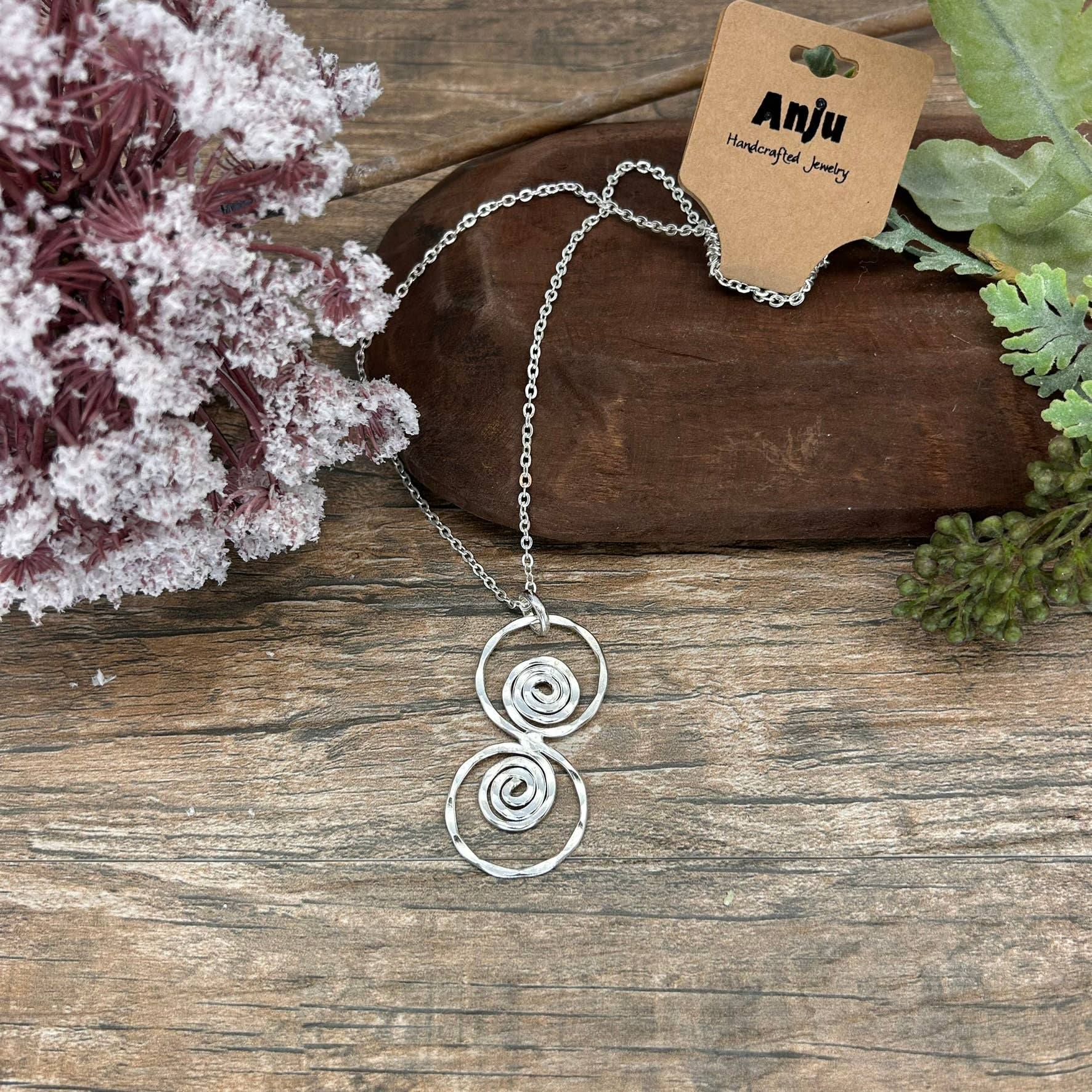 Silver Plated Pendant Necklace - Two Circles With Spirals