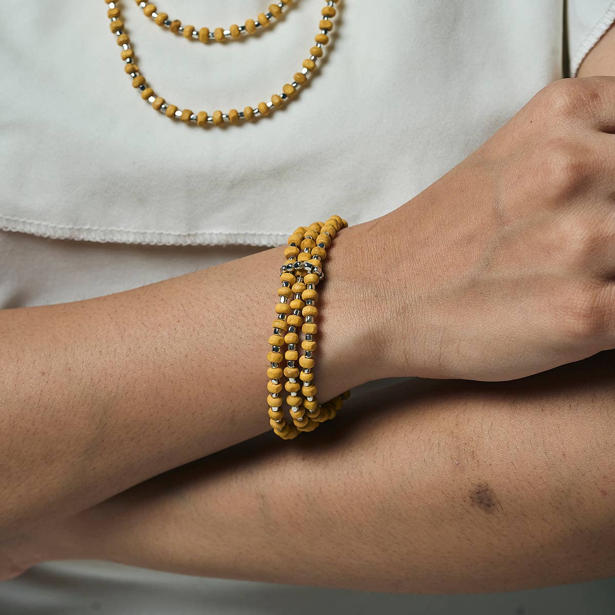 Sachi Wood Bead Wrap Bracelet - Yellow