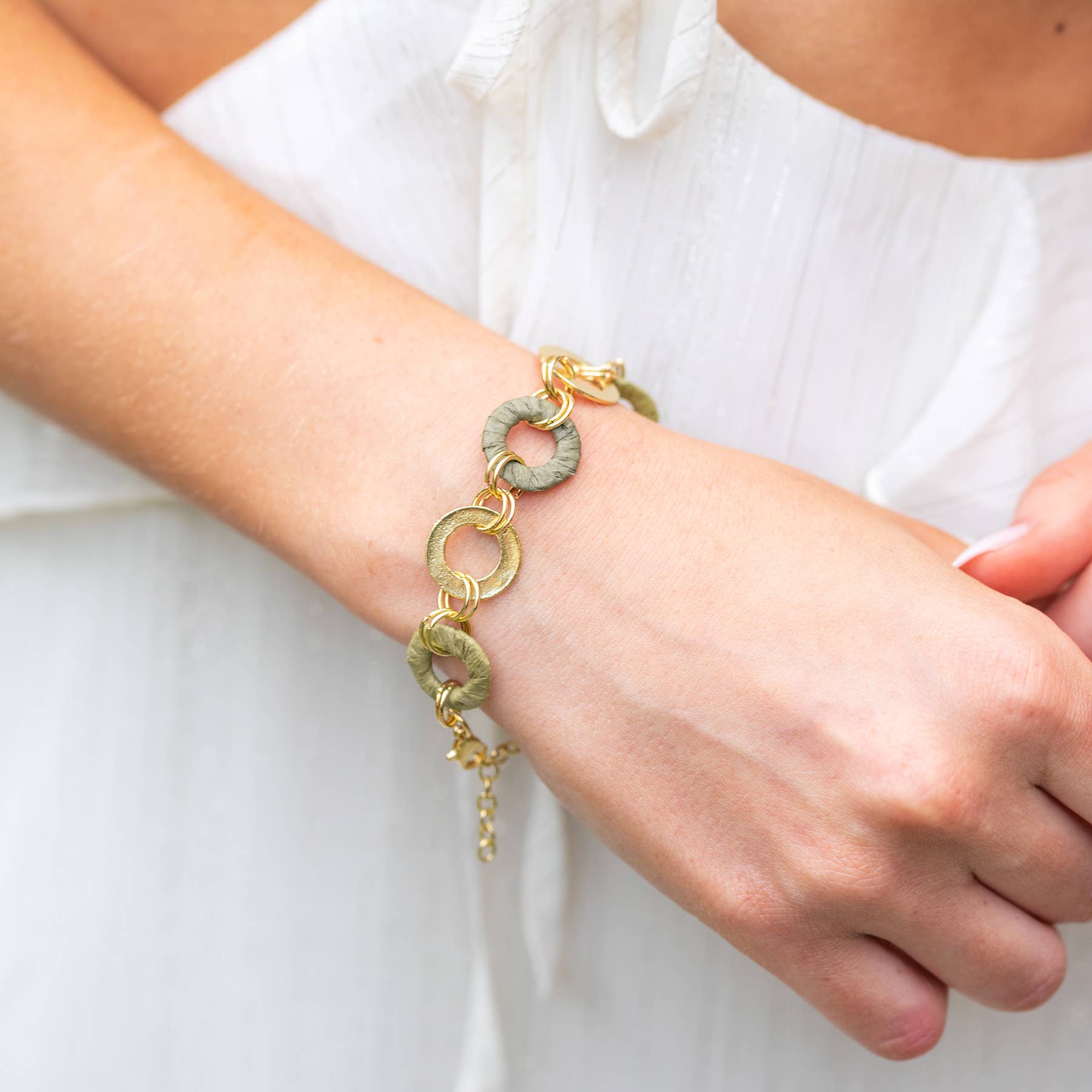 Sachi Raffia Rings Bracelet - Olive and Green Small Rings