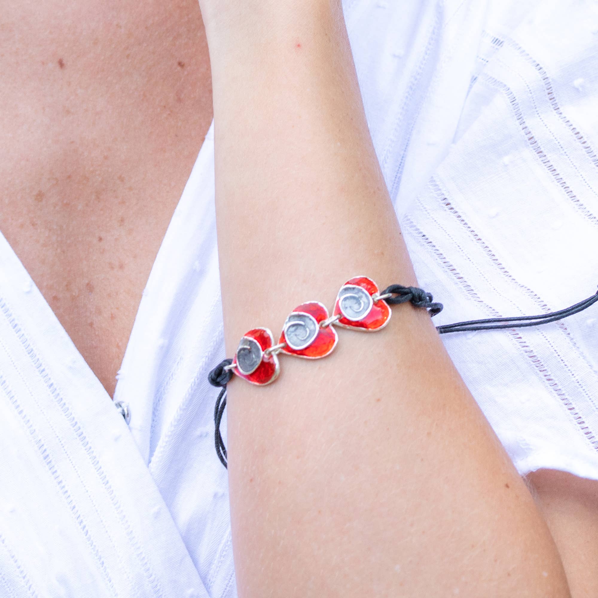 Pewter Bracelet with Color Enamel - Red/Grey Heart