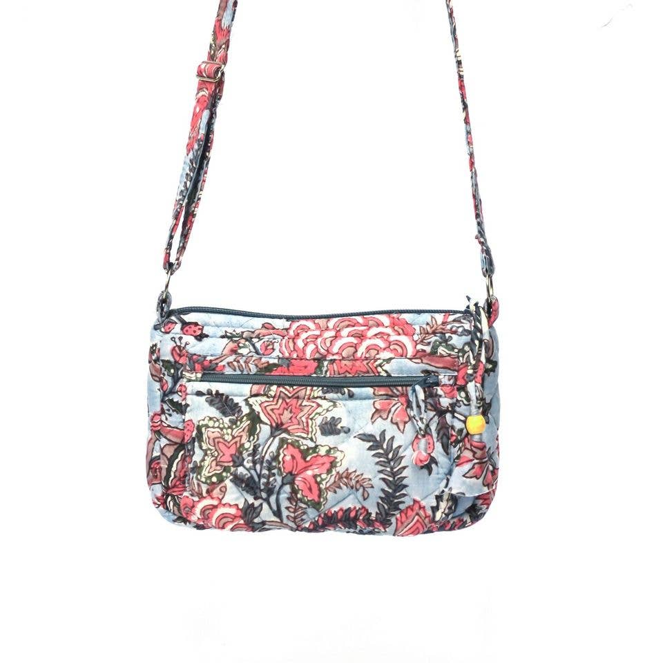 Botanical Blue Medium Messenger Bag - Block Printed Cotton