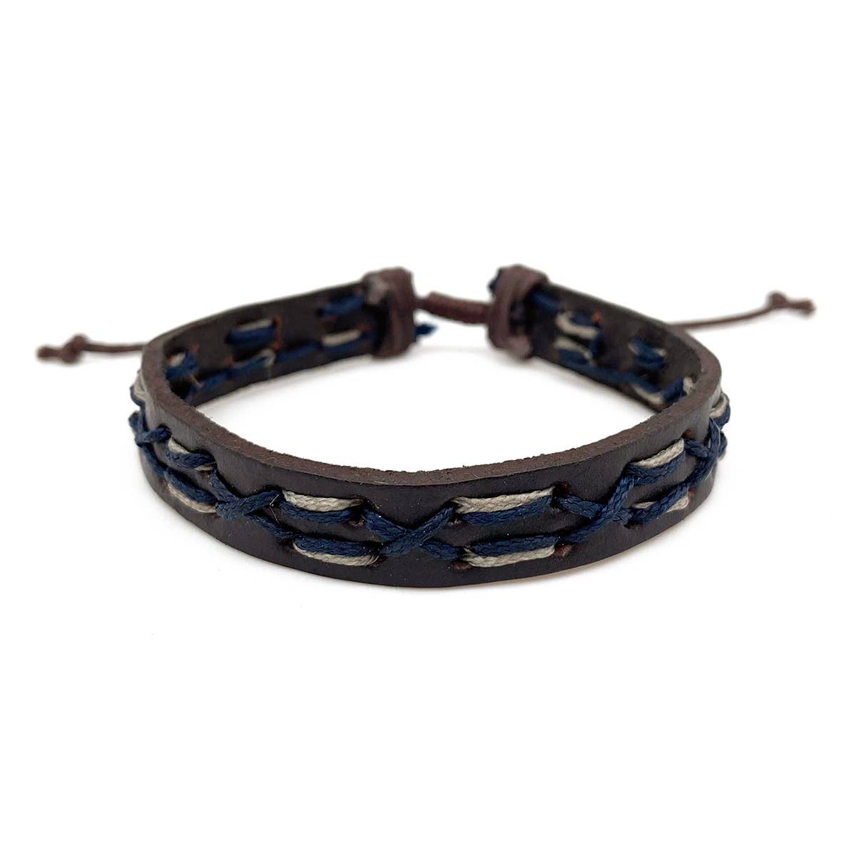 Aadi Navy and Tan on Brown Leather Pull Tie Men's Bracelet