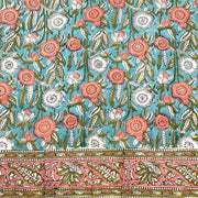 Block Printed Cotton Scarf - Turquoise and Coral Floral