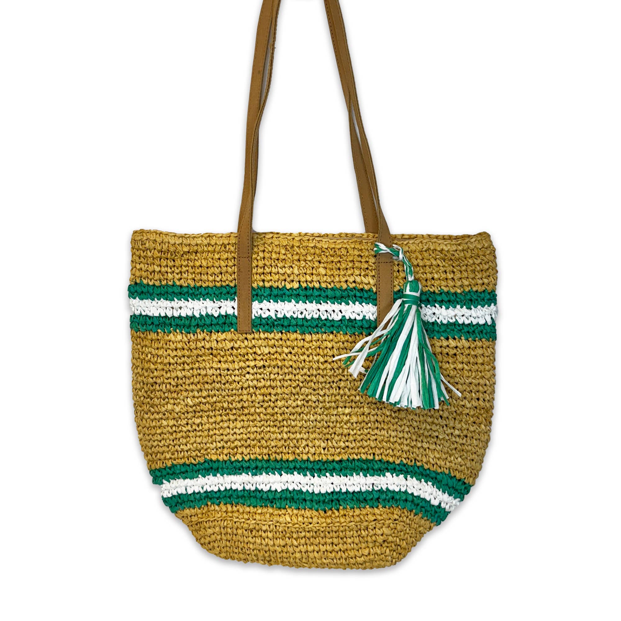 Tahiti Bag - Green and White Stripes Raffia Bag with Tassel