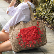 Lana Woven Jute Bag with Color Raffia Pocket - Red