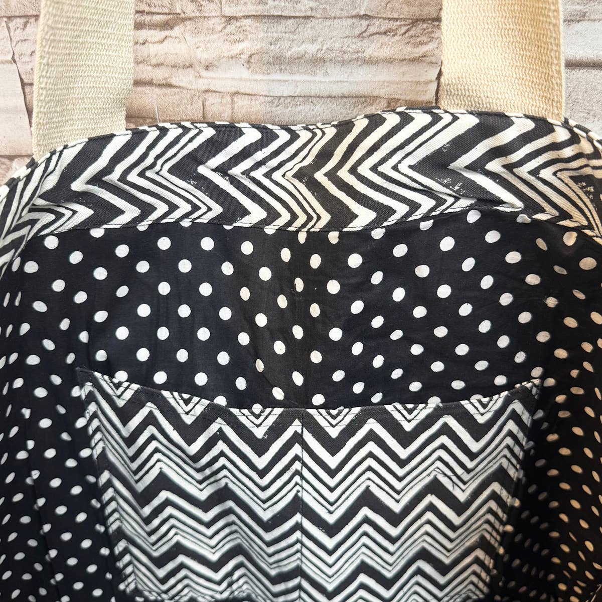 Canvas Bag with Block-Printed Black and White Zigzag Pattern