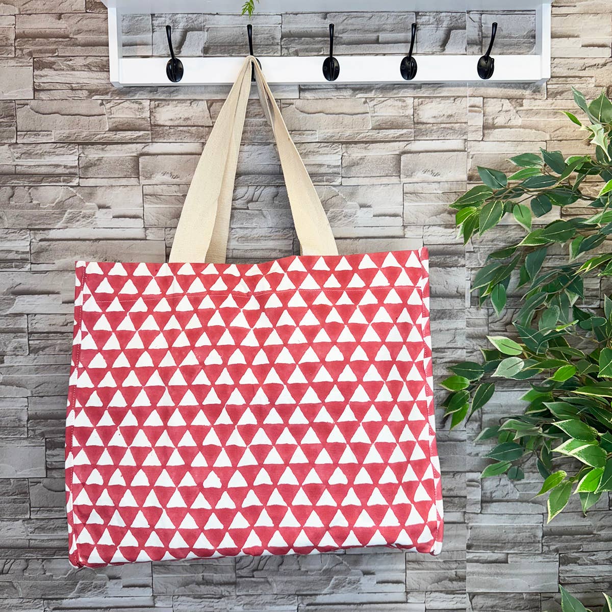 Canvas Bag with Block-Printed Red geometric pattern