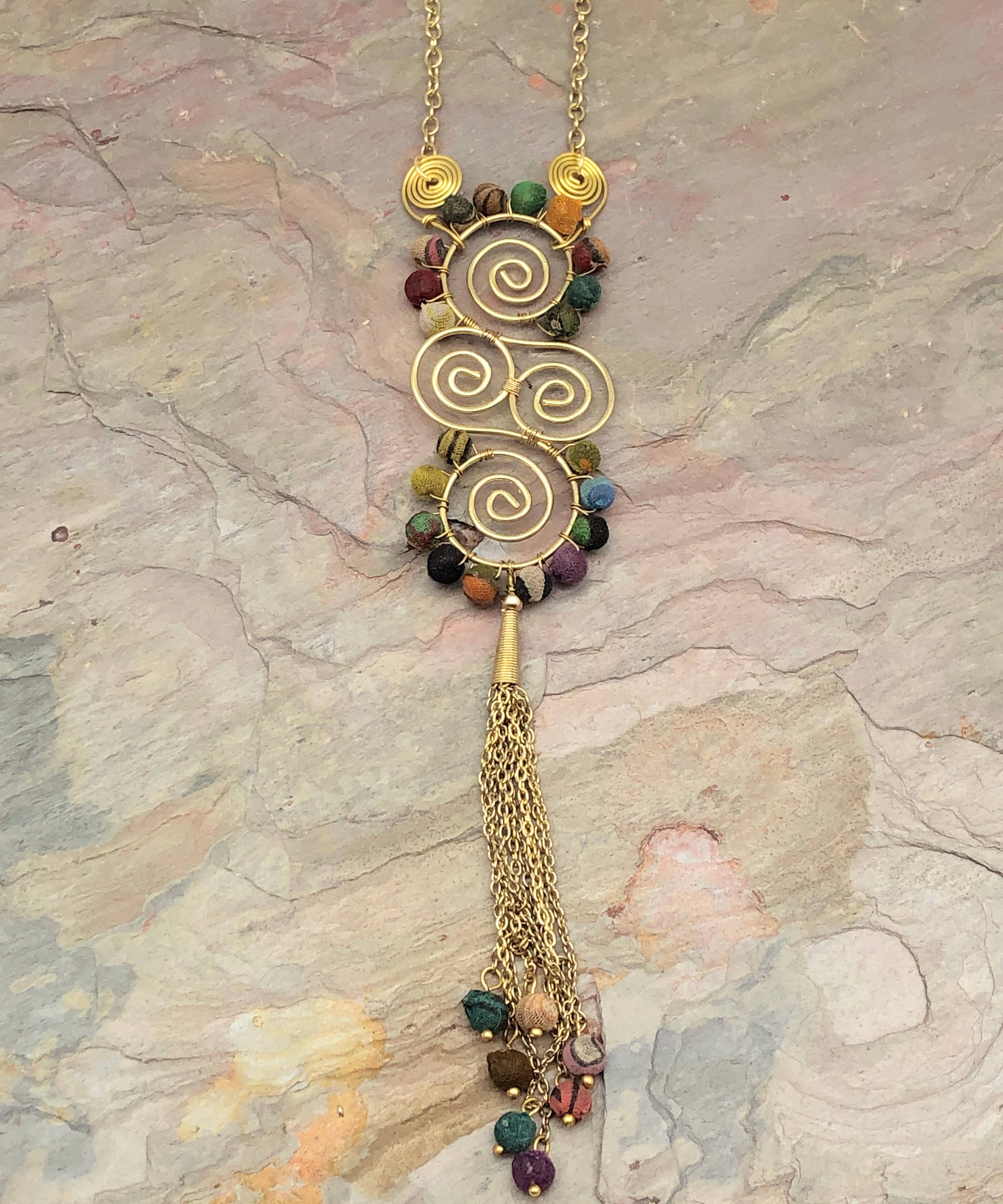 Aasha Spirals and Tassel Pendant Kantha Handcrafted Necklace