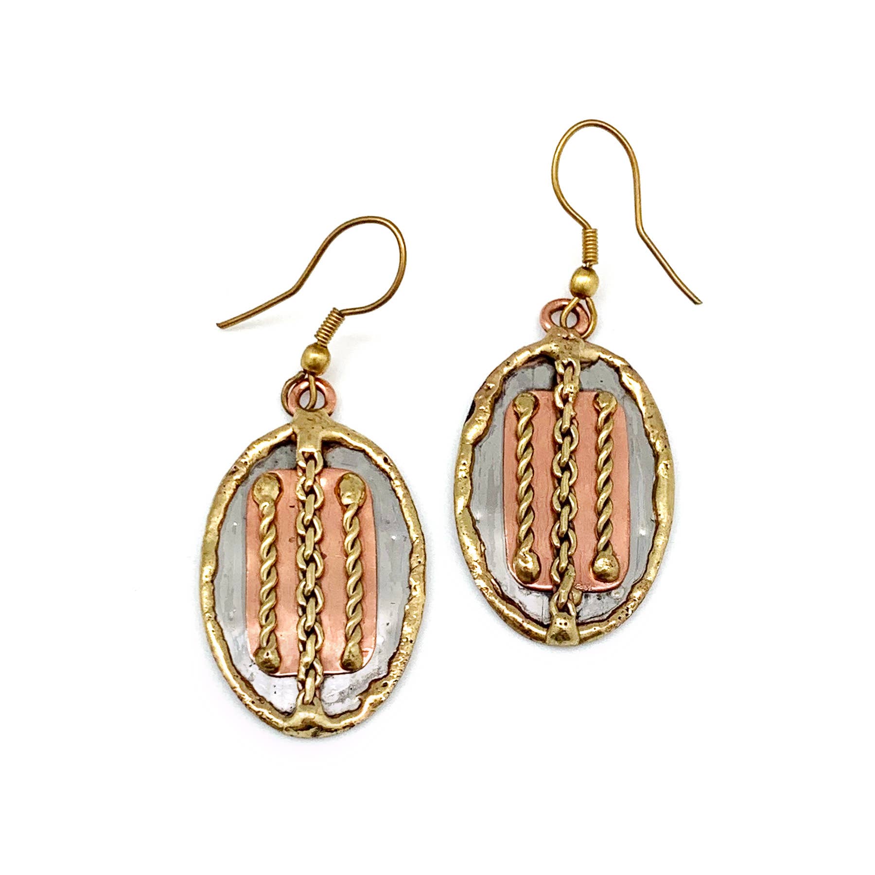 Mixed Metal Earrings - Braided Rectangle in Oval