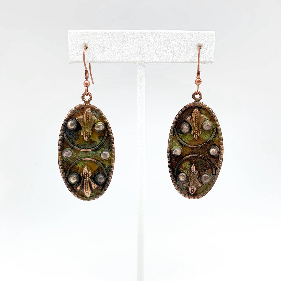 Copper Patina Earrings - Mirrored Filigree in Green Ovals