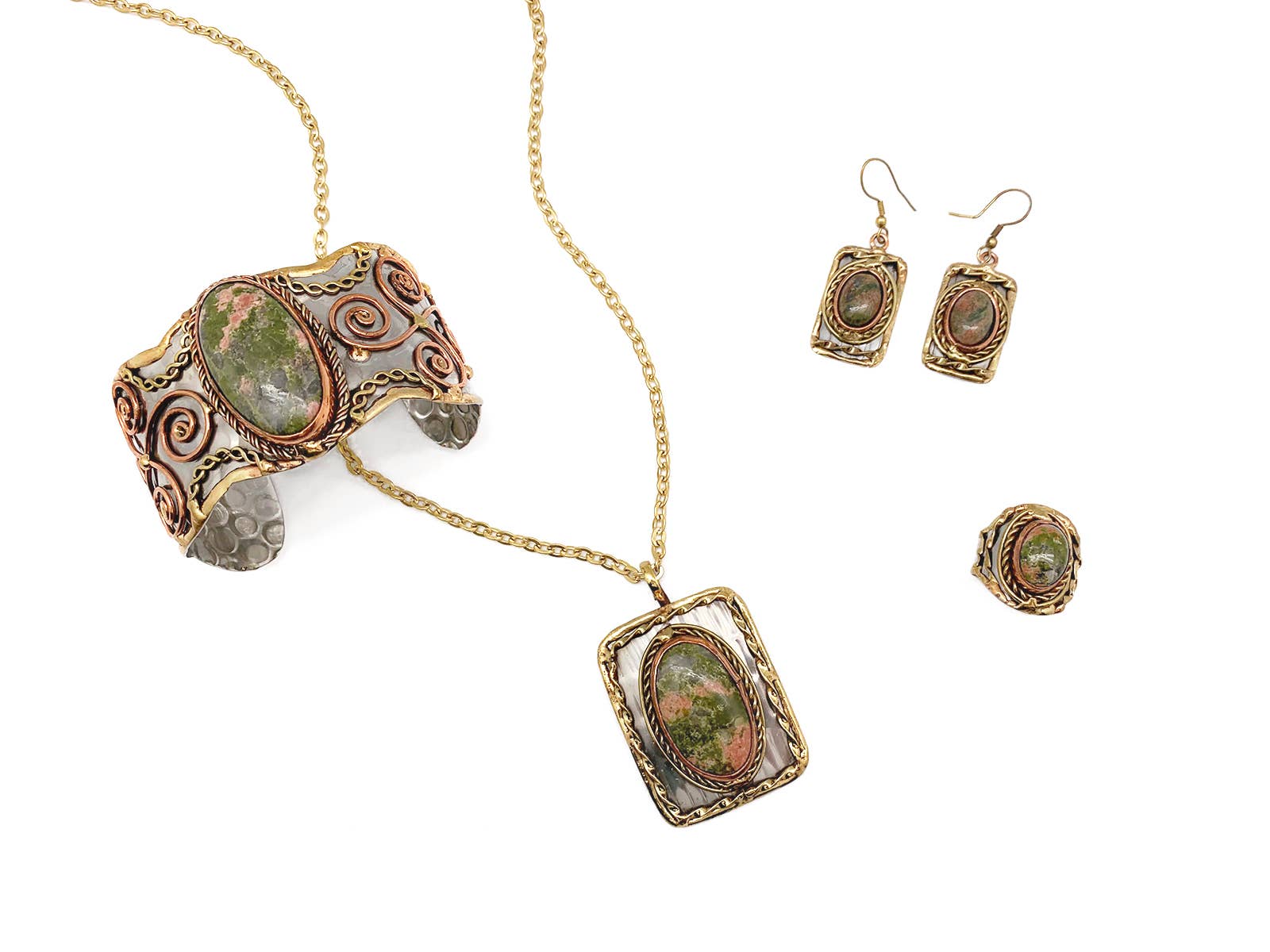 Mixed Metal and Unakite Stone Earrings
