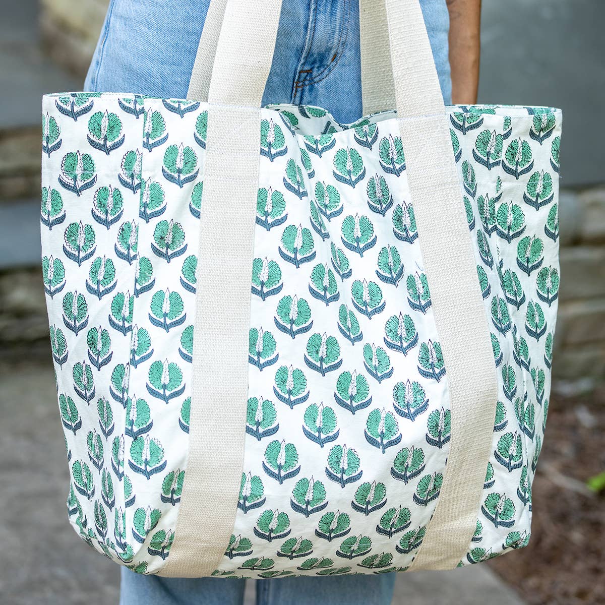 Handcrafted Canvas Bag with Block-Printed Teal Marigold