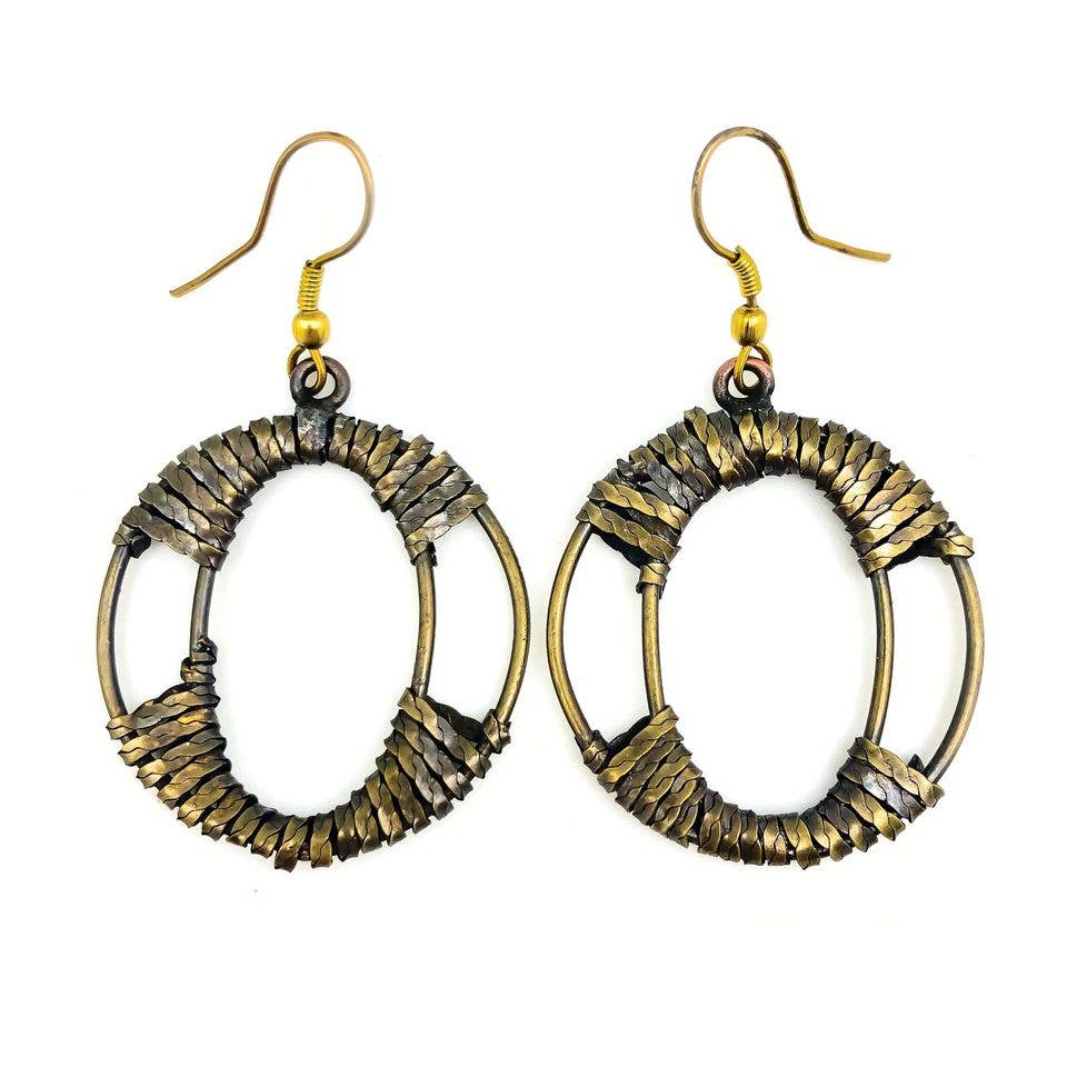Basketweave Antique Brass Chain Circle in Circle Earrings