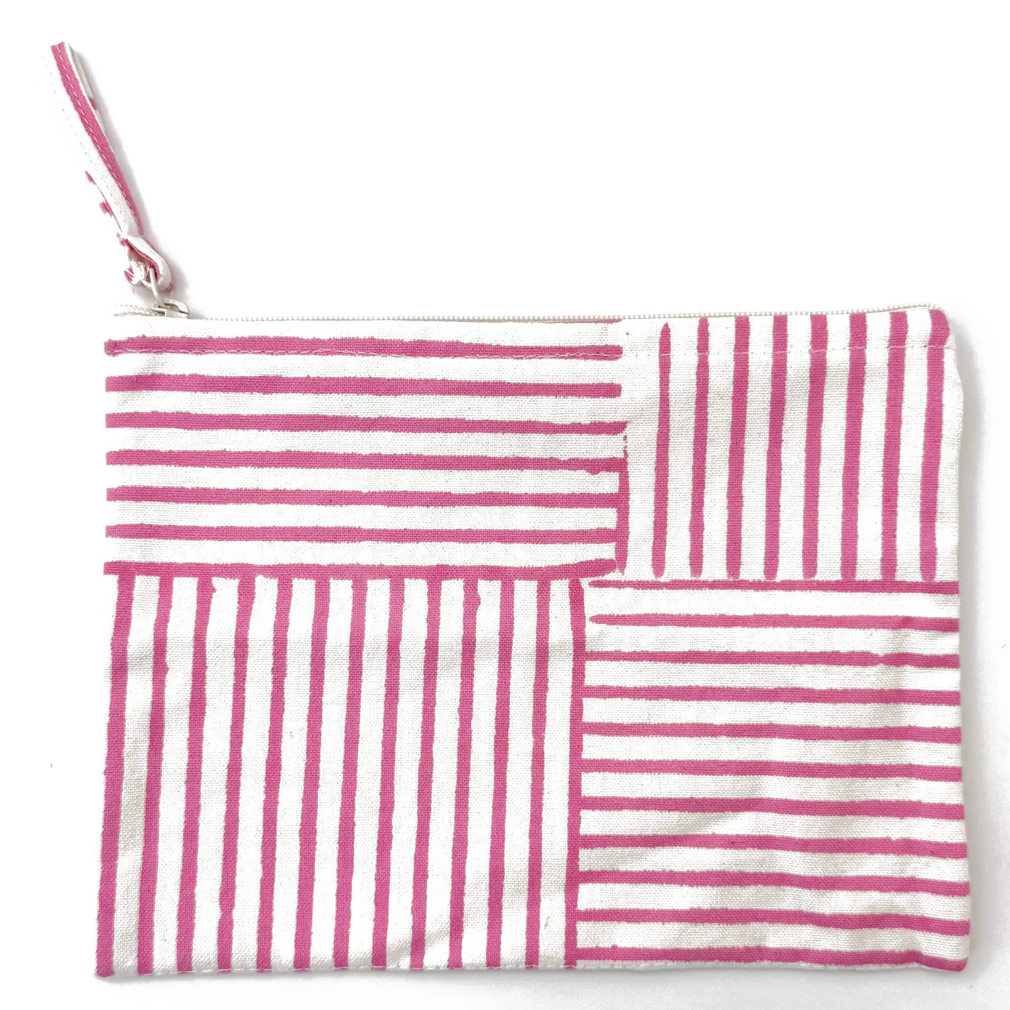 Handcrafted Canvas Pouch with Block-Printed Pink Stripes