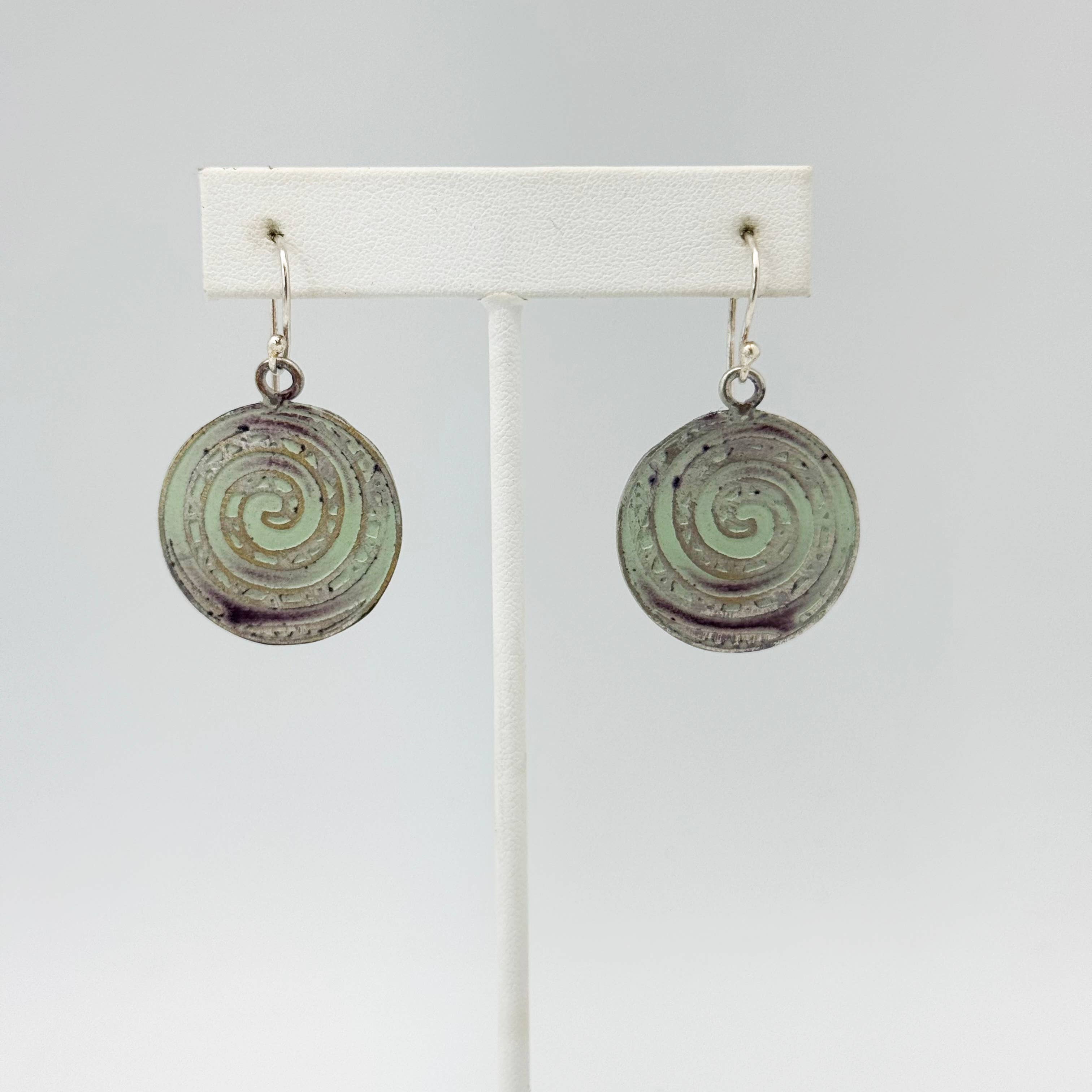 Handcrafted Silver Patina Teal Spiral Earrings