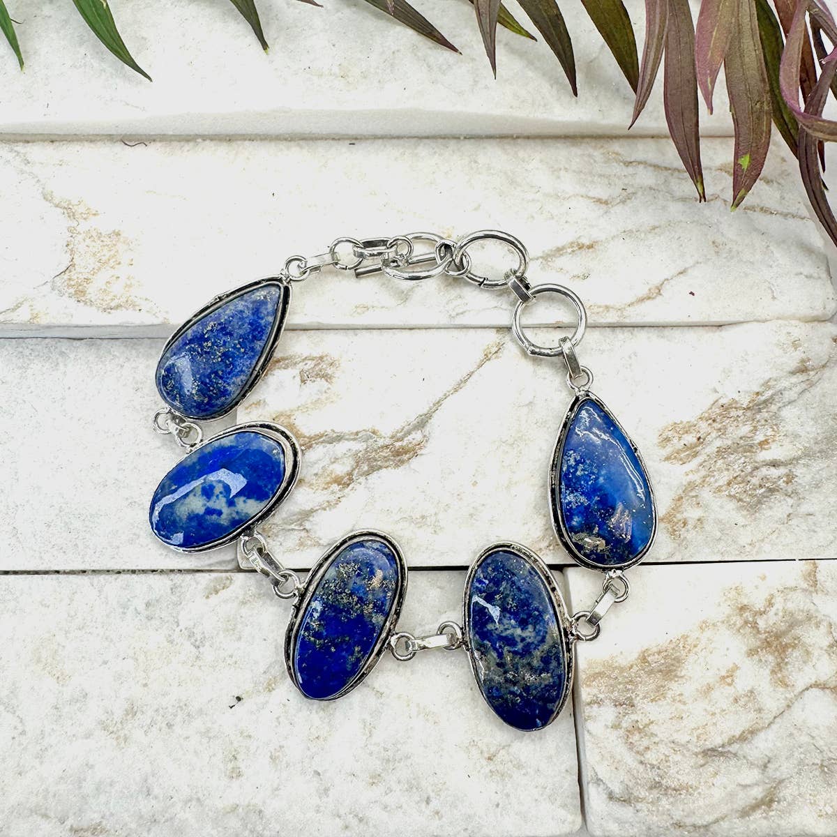 Handcrafted Semiprecious Stone Link Bracelet - Lapis
