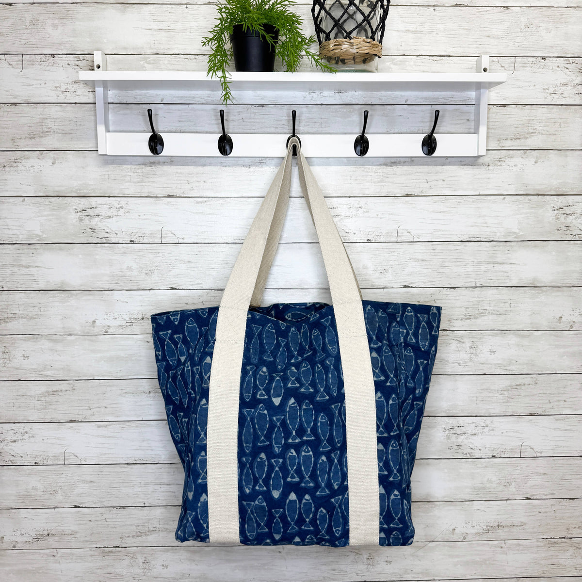 Handcrafted Canvas Bag with Block-Printed Deep Blue Fish