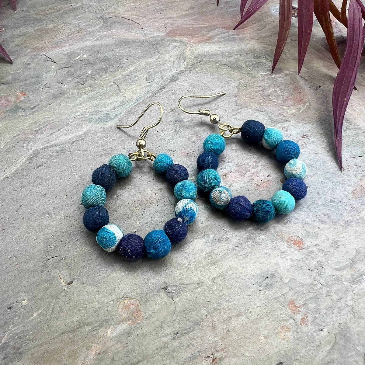 Aasha Aqua Small Hoop Kantha Handcrafted Earrings
