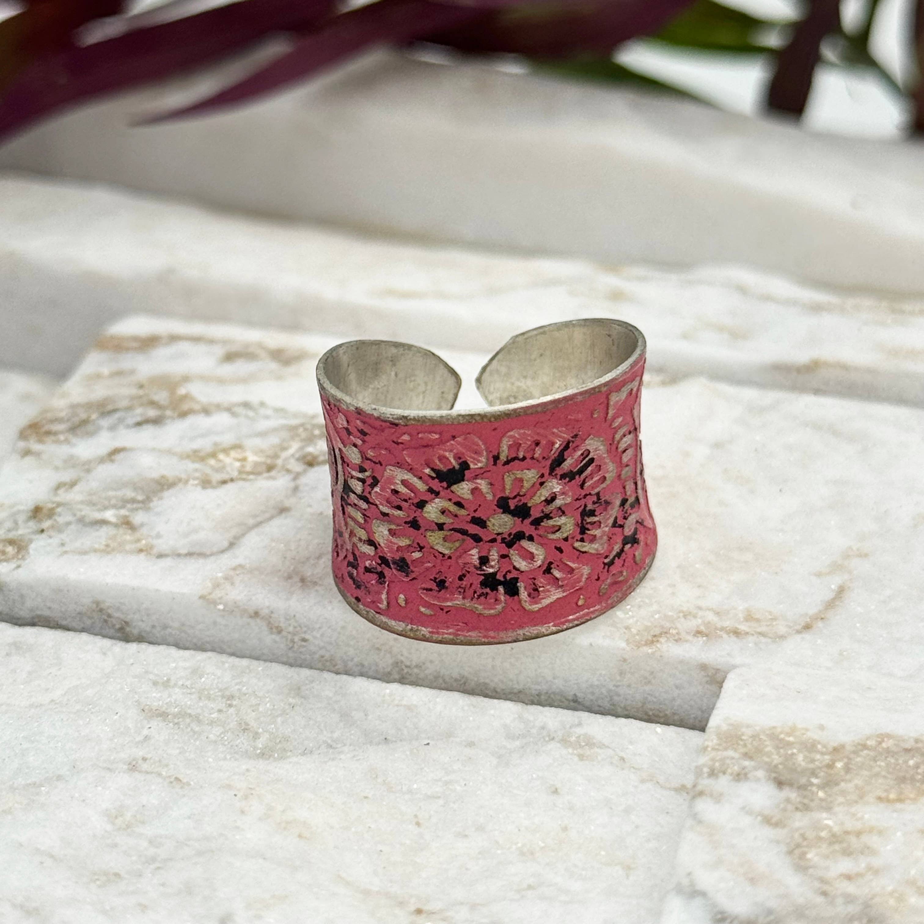 Handcrafted Silver Patina Red Greek Key Ring