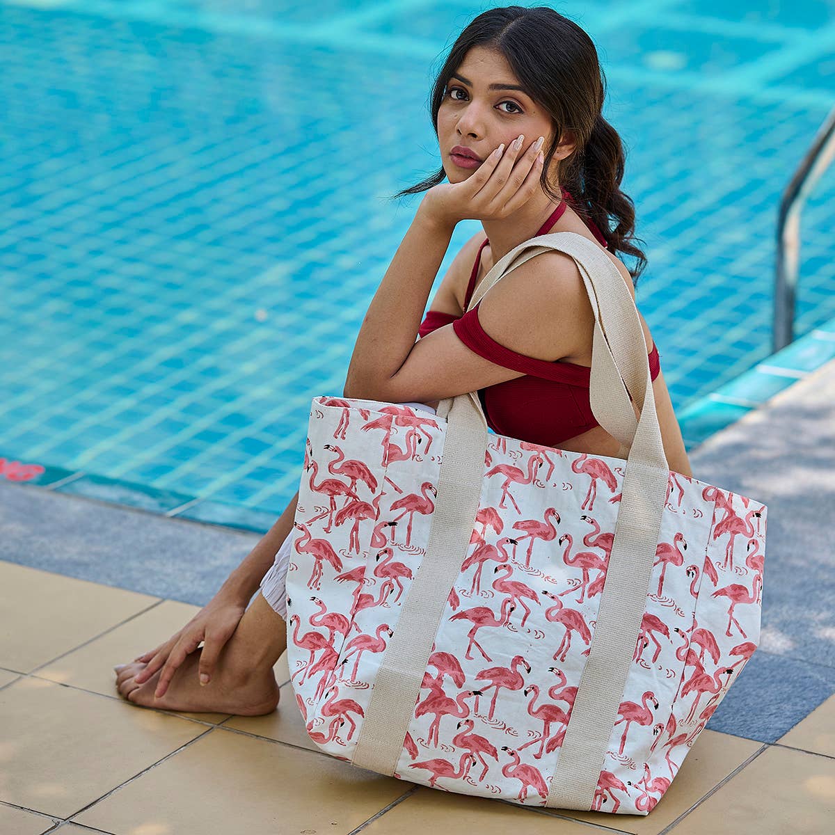 Handcrafted Canvas Bag with Block-Printed  Pink Flamingo